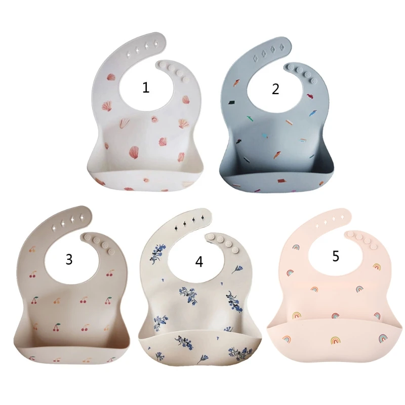 

Cartoon Printing Baby Bibs Waterproof Soft Silicone Baby Feeding Catcher Adjustable Roll up Food Pocket for Infants