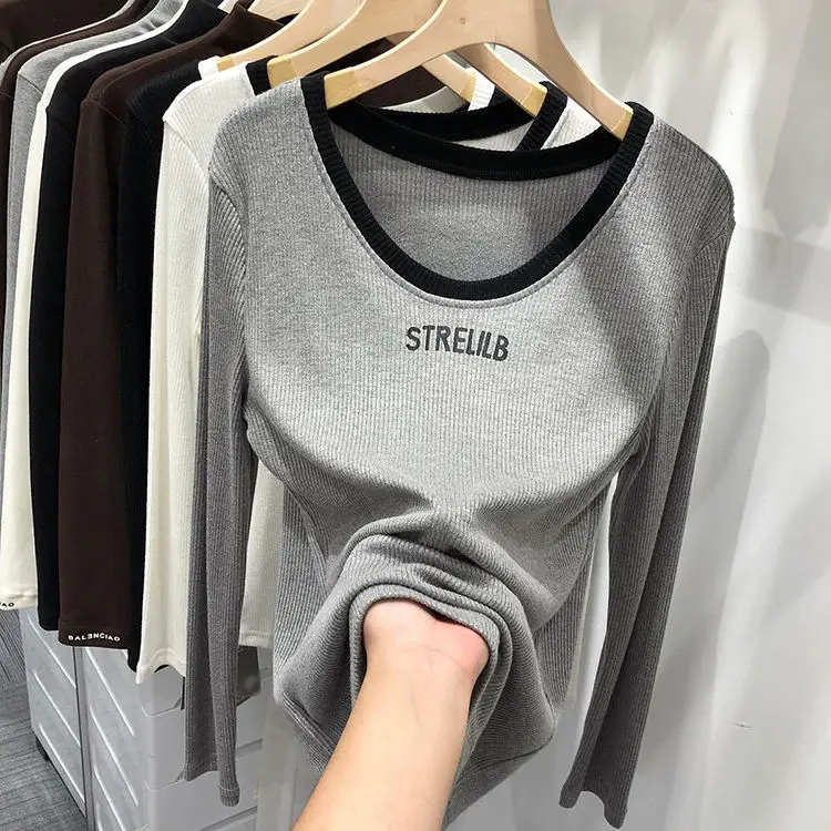 

Женская футболка с длинным рукавом, серого цвета, облегающая футболка в стиле Харадзюку, модель 3XL на осень