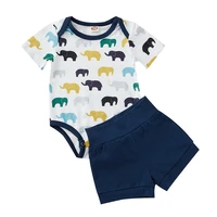 infant baby girl boy summer clothes suit cartoon elephant print short sleeve crew neck jumpsuit elastic waist shorts
