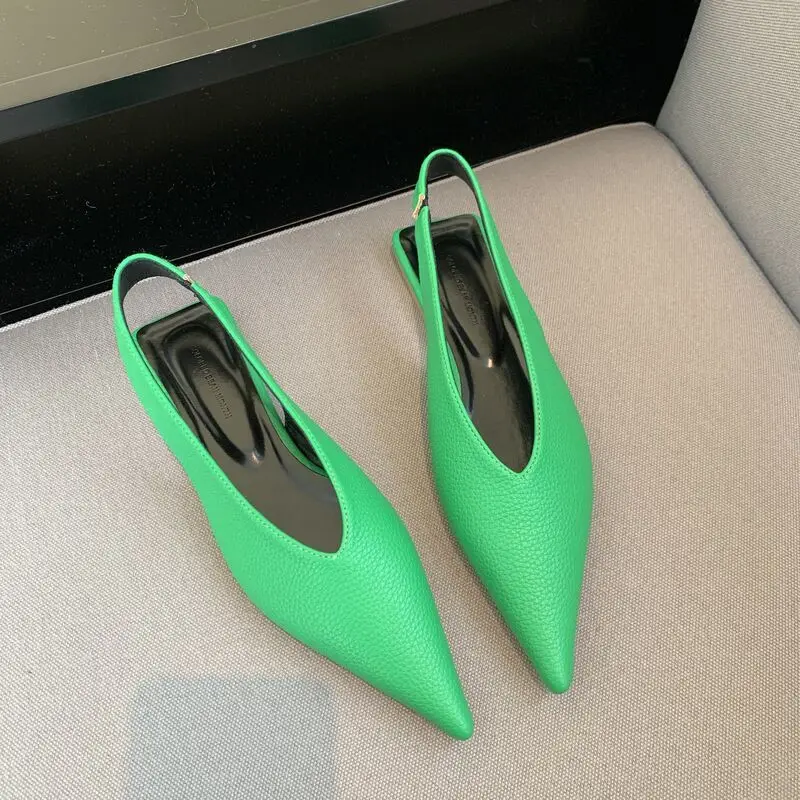 

2022 New Arrival Back Strap Summer Flats Women Black Leather Low Heels Casual Sandals Pointed Toe Zapatos De Mujer