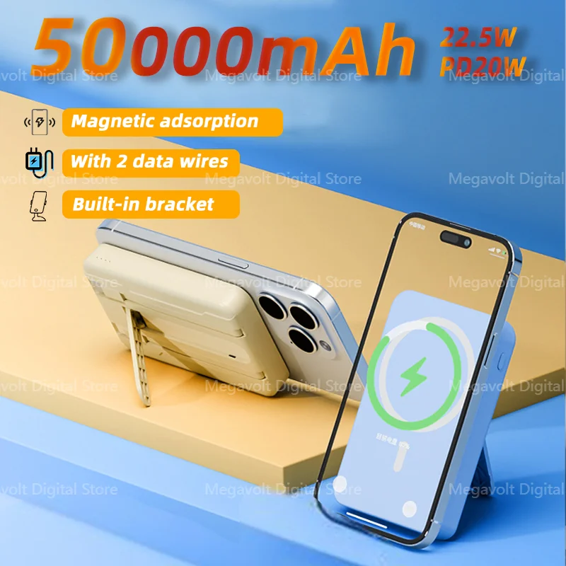 Фото Магнитный внешний аккумулятор емкостью 50000 мАч PD20W, быстрая зарядка с подставкой, мобильный блок питания с 2 кабелями для передачи данных для Iphone Xiaomi Samsung №1