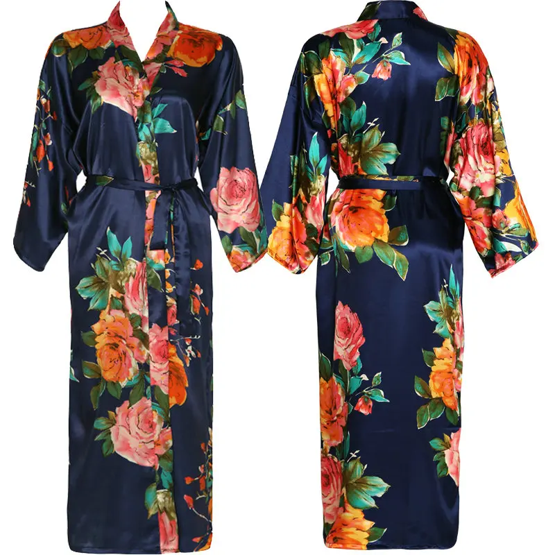 Owiter Long Floral Robe Kimono Blush Pure Silk Satin Flower Bathrobe Night Dress Wedding Robes for Bridesmaids Bride Sleepwear