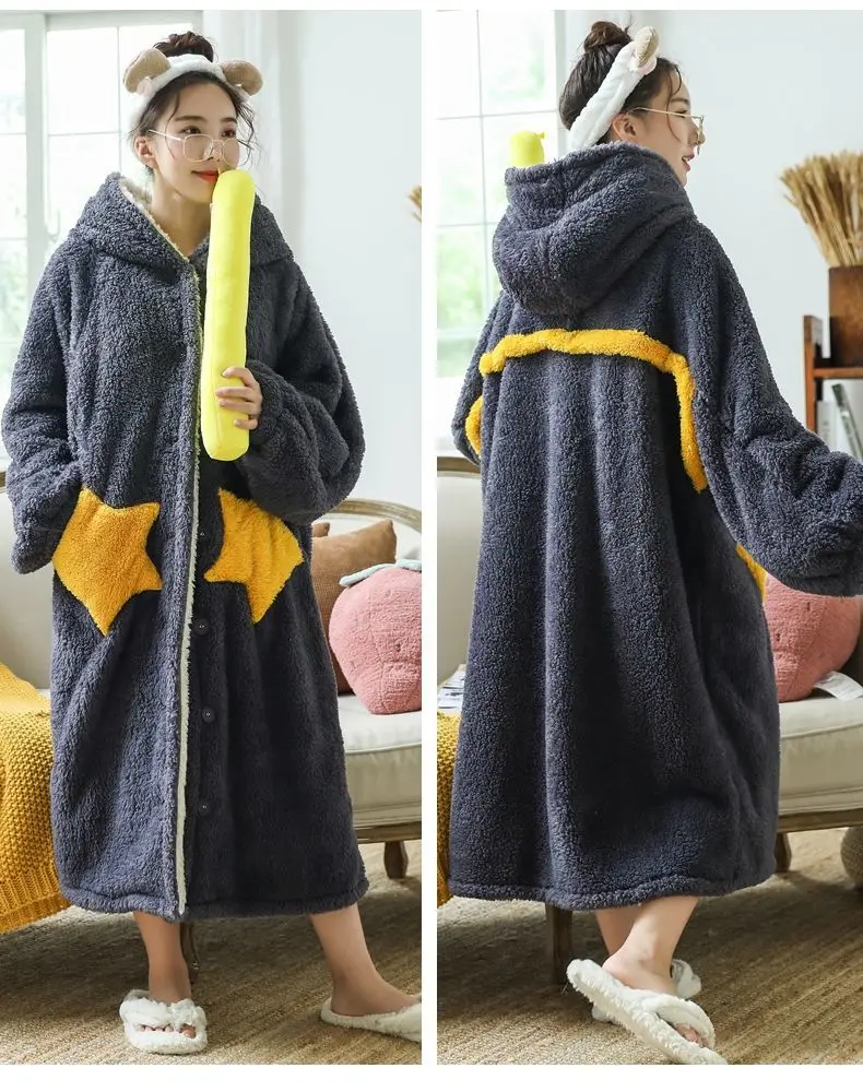 Women Fleece Hooded Bathrobe Women's Princess Robe Ankle Lightweight Cotton Soft Fluffy Warm Sherpa Shaggy  Kimono Bride