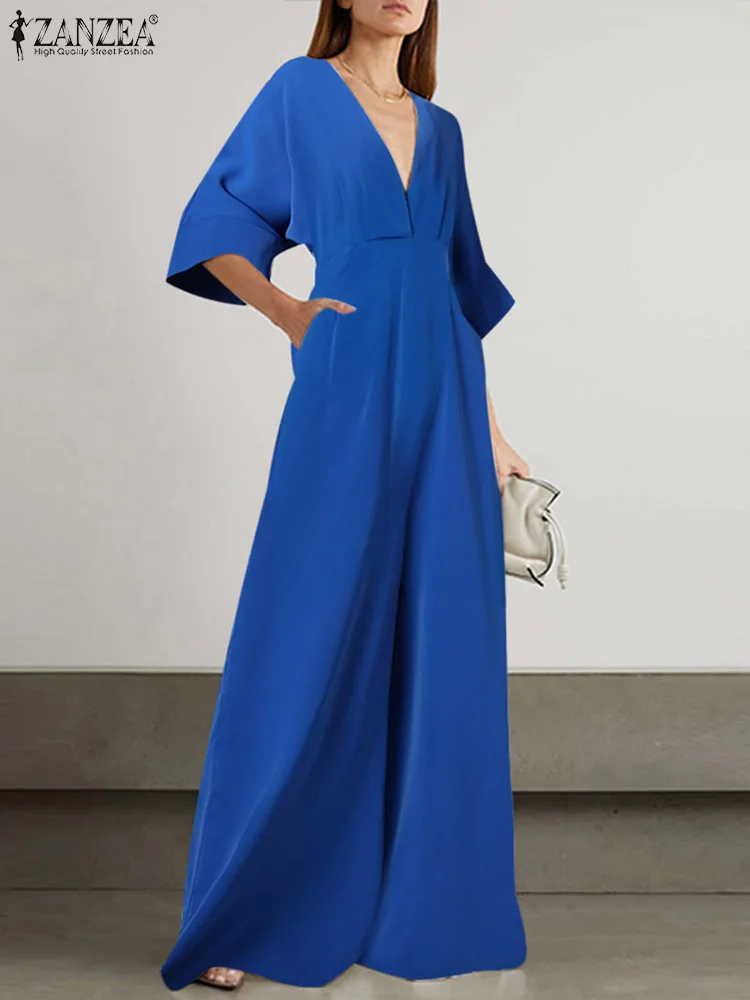 

Casual Loose Long Jumpsuit Women ZANZEA Fashion Wide Leg Pants Overalls Streetwear Summer Elegant V Neck 3/4 Sleeve Playsuits