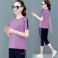 summer cropped pants two piece set womens loose round neck short sleeved casual large size clothes red purple blue 4xl 5xl