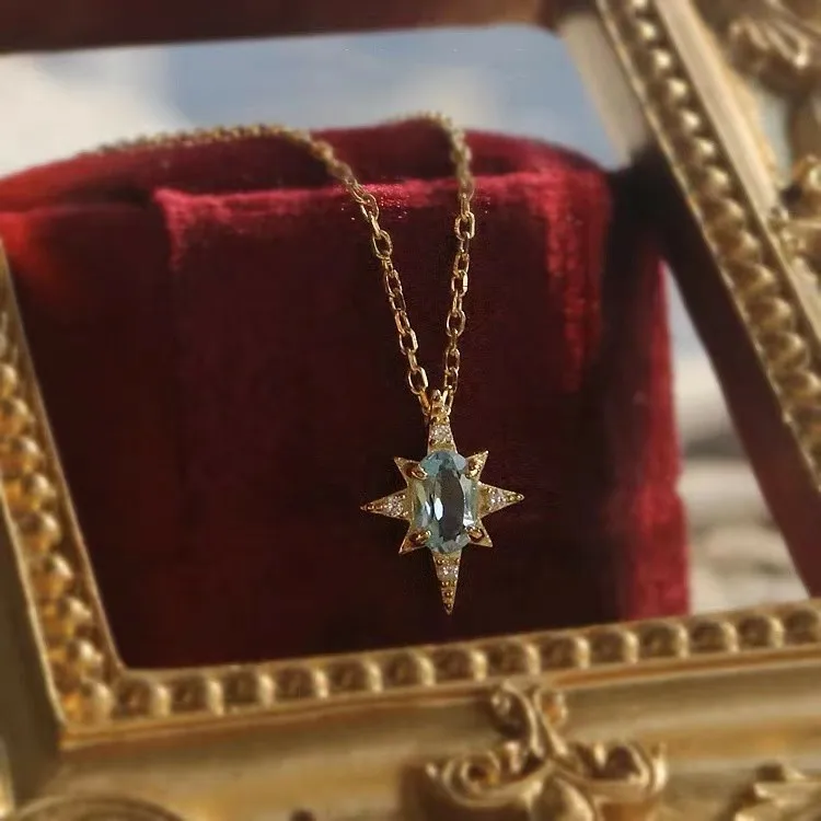 

Ожерелье с небесно-голубым кристаллом Полярная звезда Серебро 925 пробы с позолотой Сверкающее овальное ожерелье с голубым драгоценным камнем, кубическим цирконием, подвеска в виде звезды для женщин