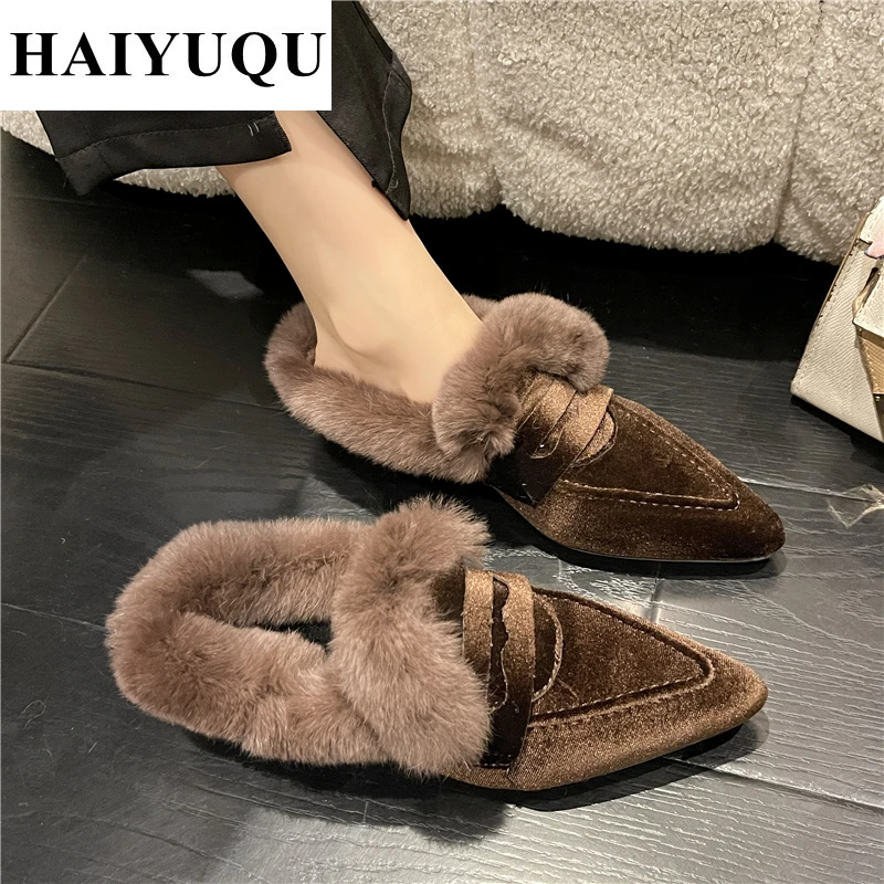 Элегантные меховые шлепанцы на низком каблуке женские замшевые мюли с острым