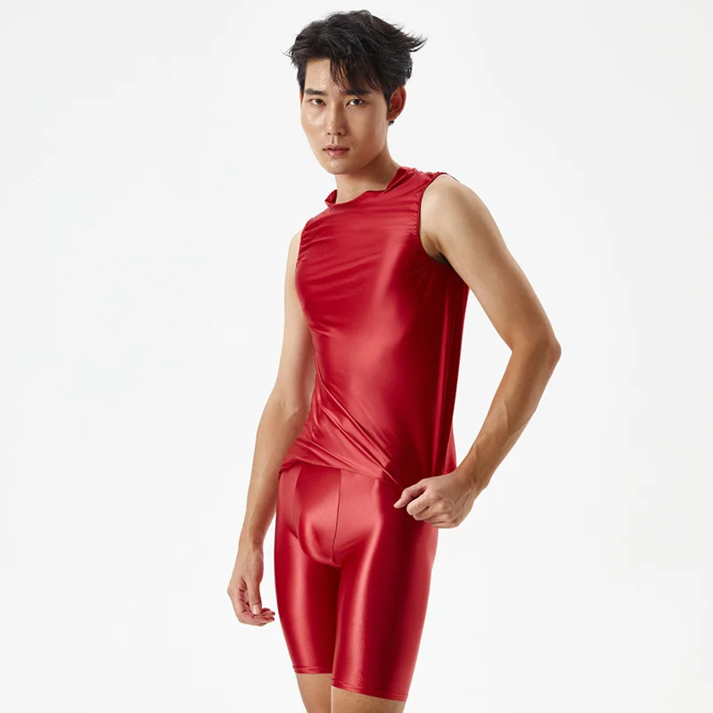 Men's glossy plus size 2 pieces set Sexy silky transparent suit shorts +vest body-building underwear underpants