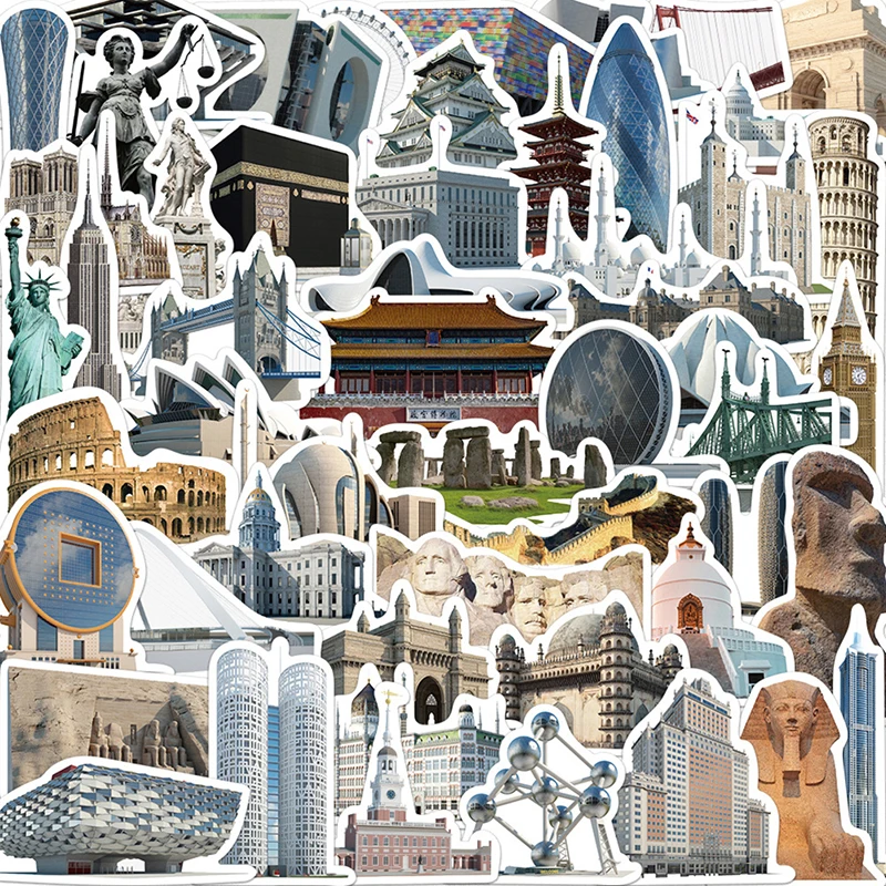 

65Pcs World Famous Buildings Aesthetic Stickers Cartoon Decals Decoration For Phone Suitcase Laptop Luggage Bike PVC Decal Toys