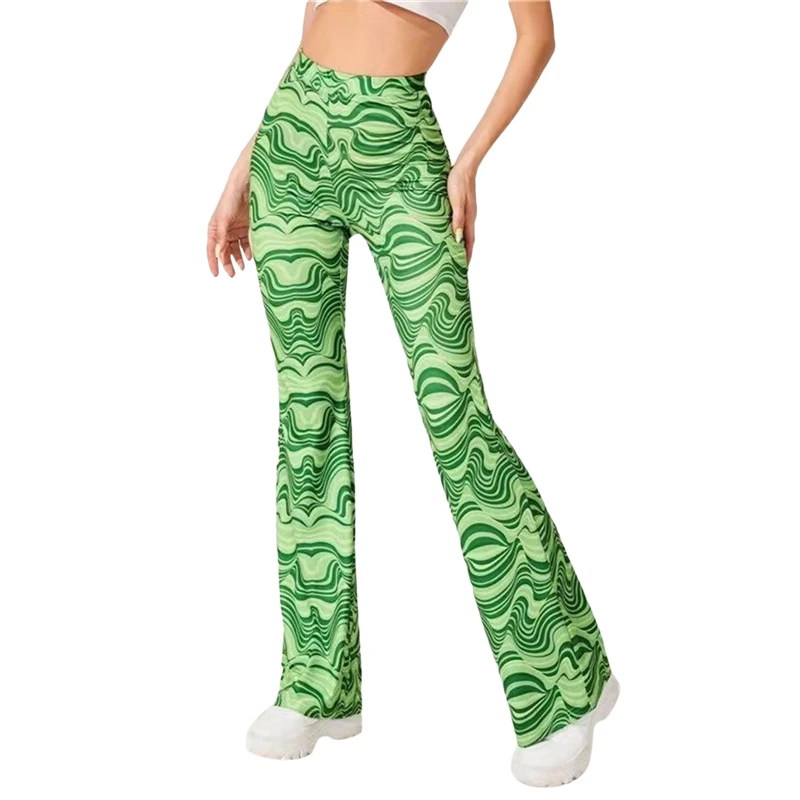 Fashion Women Flared Pants 2000s Aesthetic Water Ripple Printed Slim Fit High Waist Bell Bottom Trousers y2k Clothes Streetwear