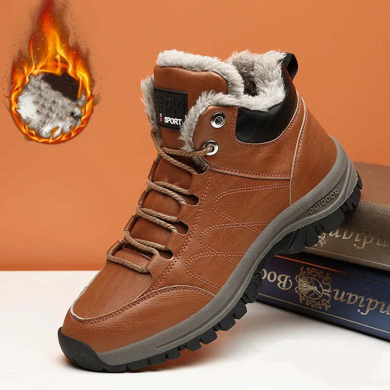 Зимние плюшевые теплые мужские ботинки кожаные зимние непромокаемые