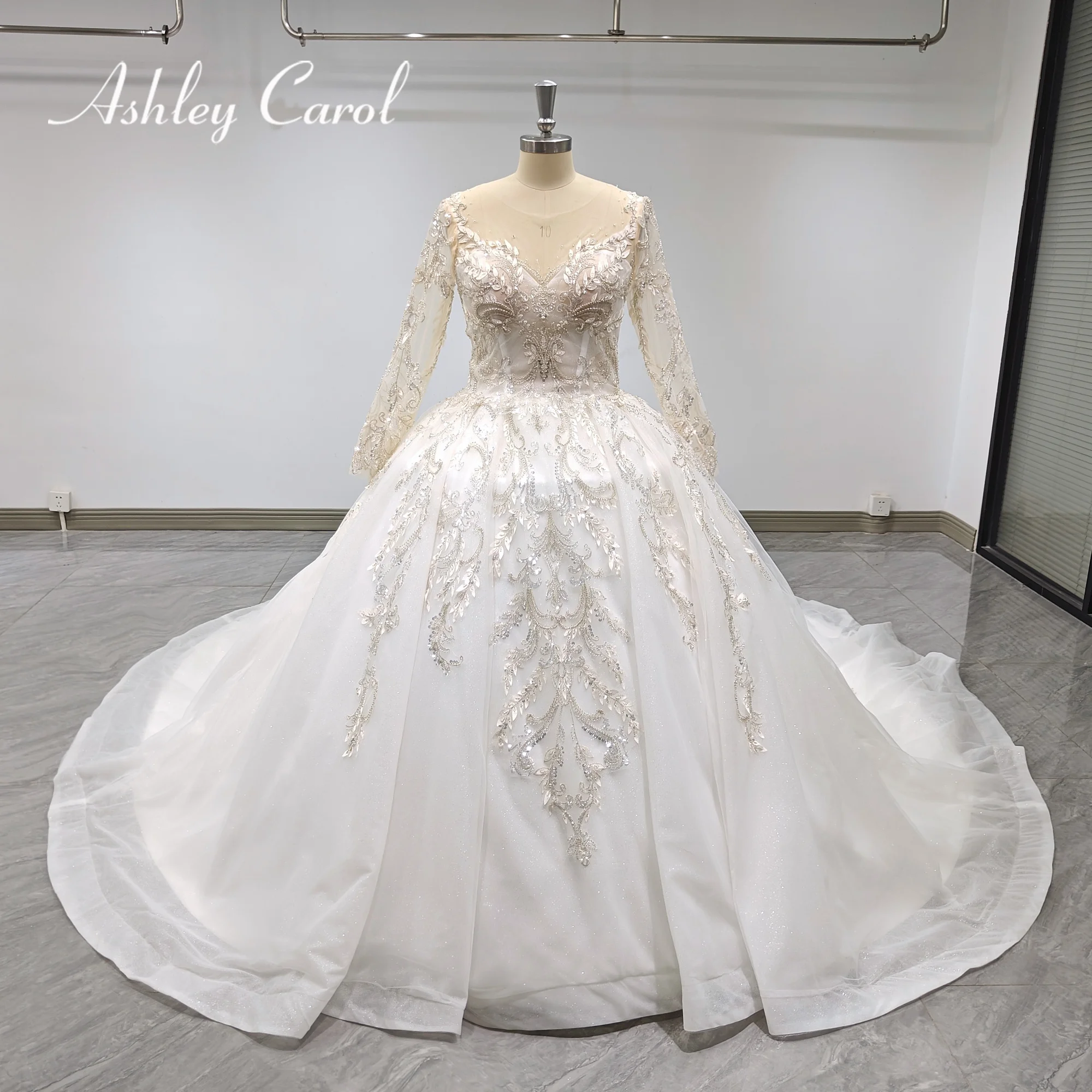 

Ashley Carol Luxury Ball Gown Wedding Dress 2023 Invisible Neckline Long Sleeve Beading Sequined Wedding Gown Vestidos De Novia