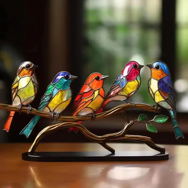

Manual Stained Acrylic Birds On Branch Desktop Ornaments Acrylic Material Double Sided Multicolor Style Birds Alloy Decorations