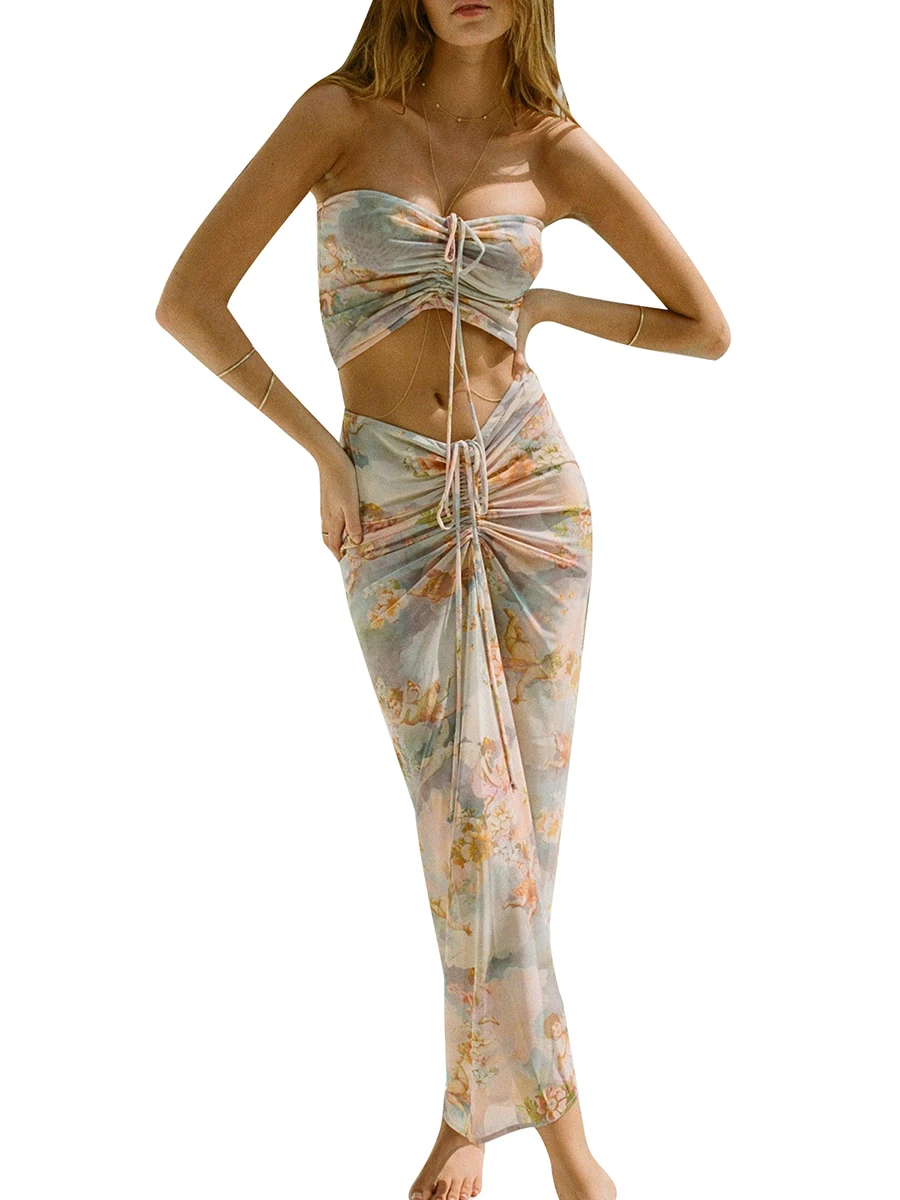 

Женский комплект из 2 предметов с юбкой Макси Y2k, топ на шнуровке с завязкой сзади, облегающая длинная юбка, летняя Клубная уличная одежда для вечеринки