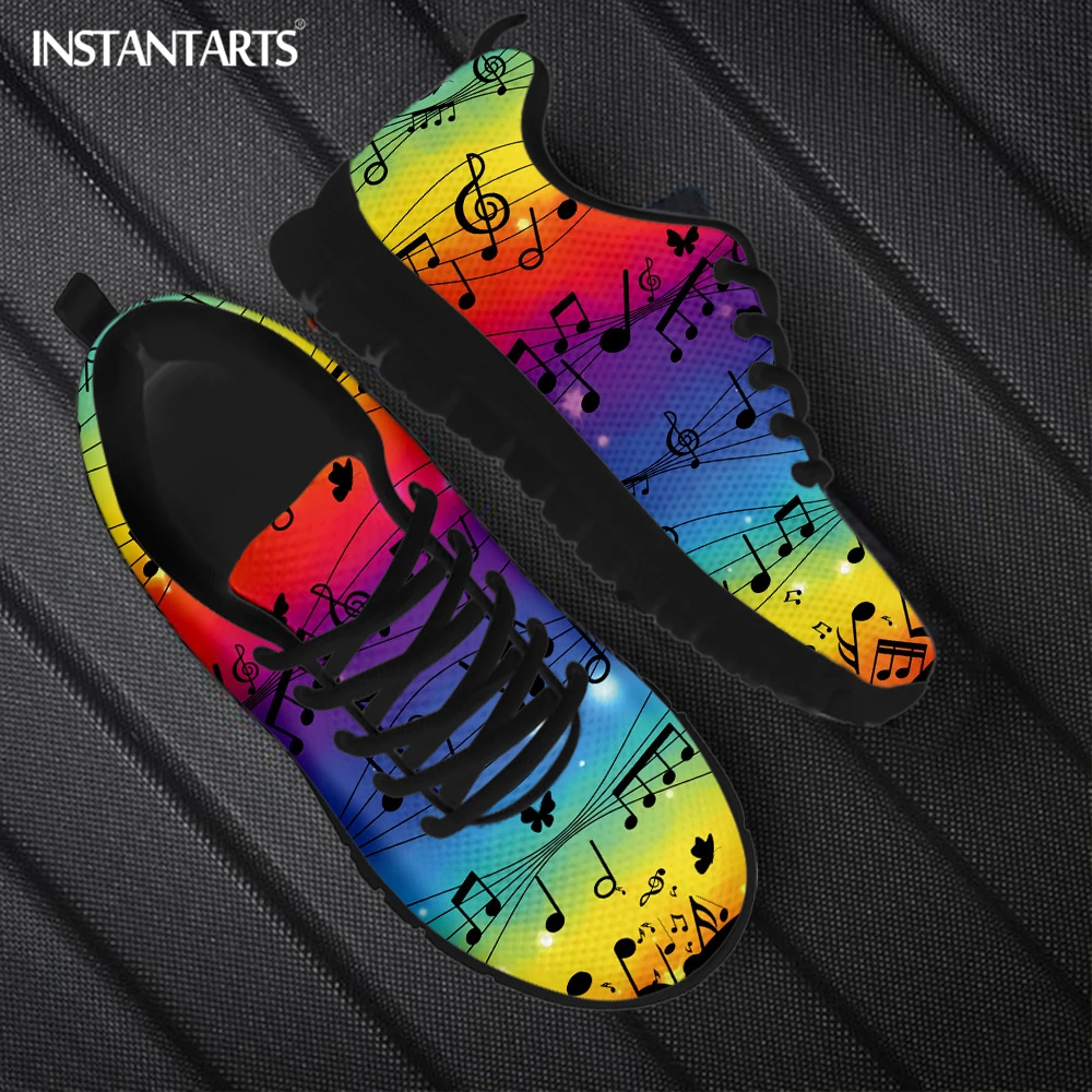 

INSTANTARTS Rainbow Musical Note Print Women Casual Mesh Sneakers Lace up Flats Shoe Brand Design Light Weight Footwear Zapatos