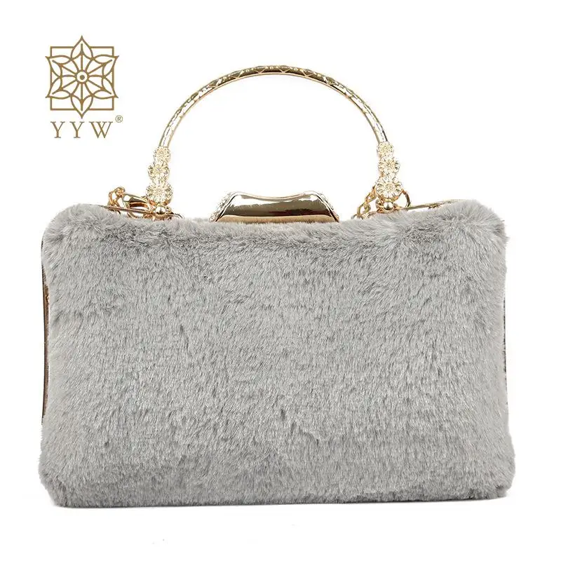 

Winter Plush Clutch Hand Bag Grey Clutch Bags Fur Women In Evening Bags Small Clutch With White Rhinestones Parites Prom Sac