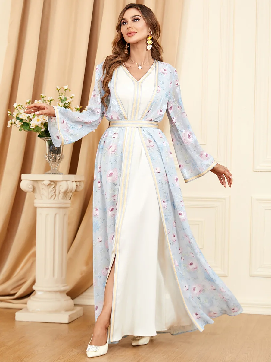 2 Piece Sets Muslim Dress for Women Ramadan Arabic Femme Kimono Abaya Eid Jalabiya Marocain Clothes Turkey Moroccan Kaftan Robe