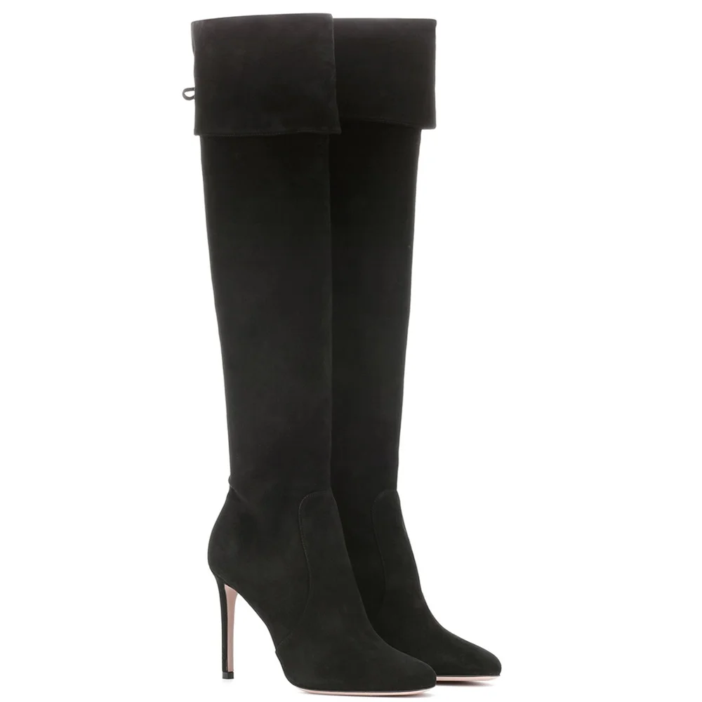 Women High Heel Knee Boots Winter Classic Black Suede Pointed Toe Stiletto Boots Zipper Turned-over Edge Comfort Long Boots