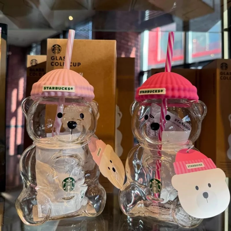 Фото Коллекционный стакан Starbucks Korea Limited Release, 591 мл, стеклянный, в форме медведя, с розовой силиконовой крышкой и полосатой соломинкой. №2