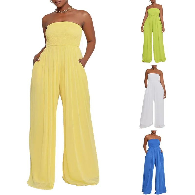 Women Summer Plus Size Sleveless Jumpsuit Solid Color Strapless Off-Shoulder Romper Loose Siamese Trousers With Pockets
