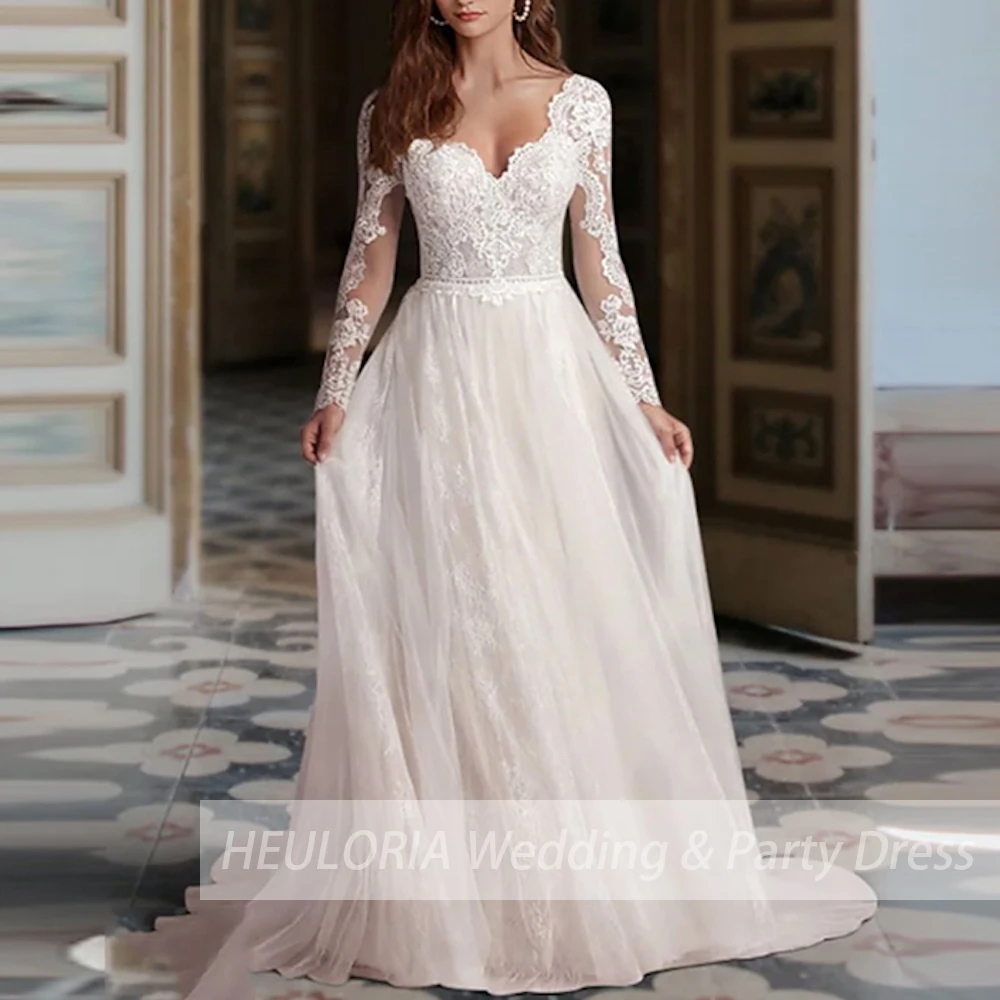 

Boho Wedding Dress long sleeve bride dress plus size robe de mariee Lace beading A line Wedding Bridal Gown