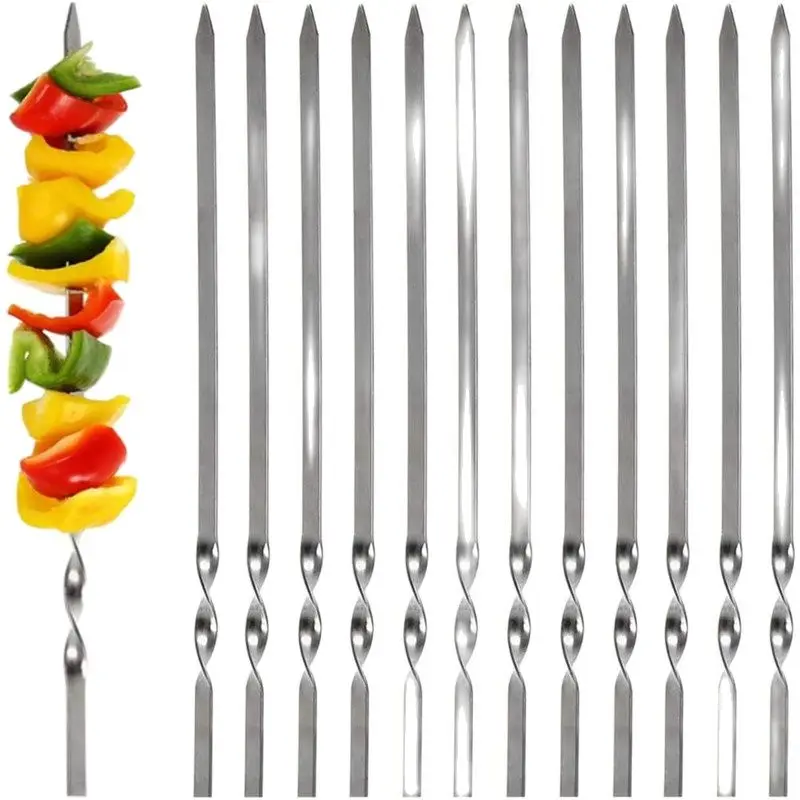 Reusable Flat Stainless Steel Barbecue Stick Kitchen Supplies Bbq Accessories Tools Bbq Skewers Stick Needle For Outdoor Camping