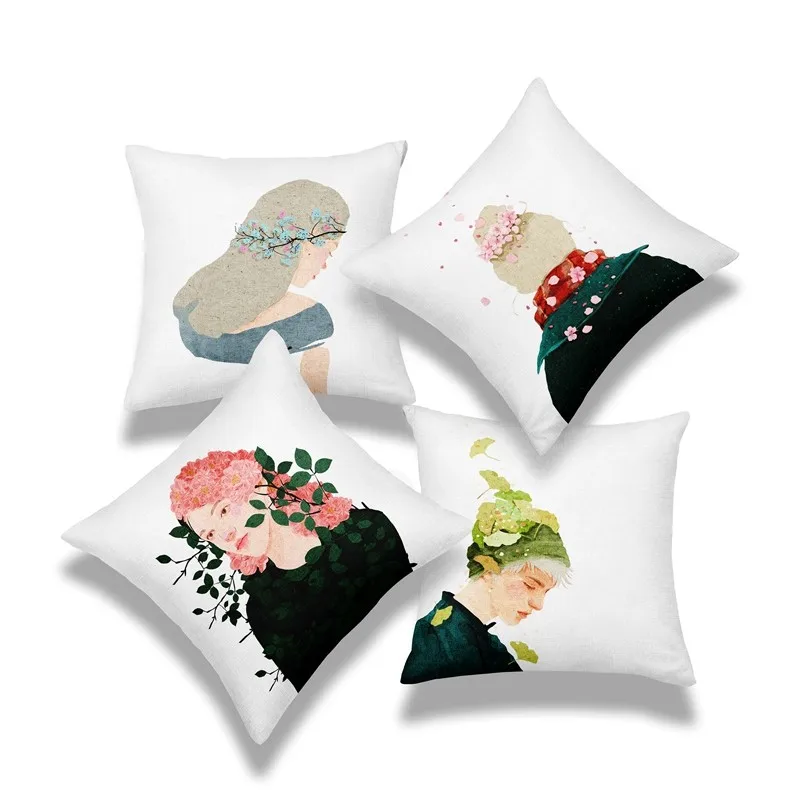 

4pcs Nordic Art Printed Pillowcase Set Of 4 Floral Boys And Gilrs Illustration Cushion Decorative Pillow Home Decor Sofa Throw