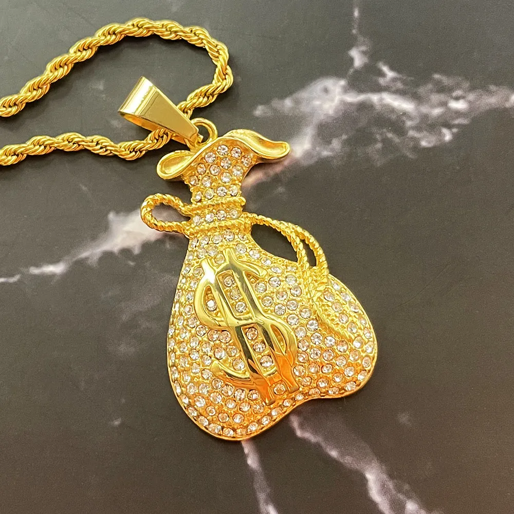 

Hip Hop Men Bling Iced Out rhinestone US Dollar Purse Bag Pendant Necklace Sybol Cool USD Money Bag Shape Jewelry For Gifts
