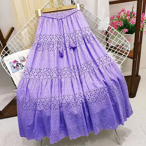 SURMIITRO Crochet Midi Long Skirt Women 2023 Summer Korean Fashion Lace Hollow Out Belt High Waist Skirt Female Green Purple