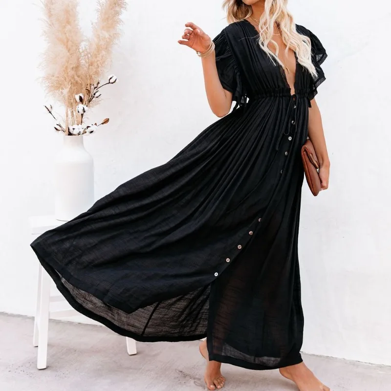 

Fashion Tunic Long Beach Dress Pareo Femme Plage Cover Up for Women Sexy Beachwear Swimsuit Woman 2023 Deep V Neck Dresses Playa