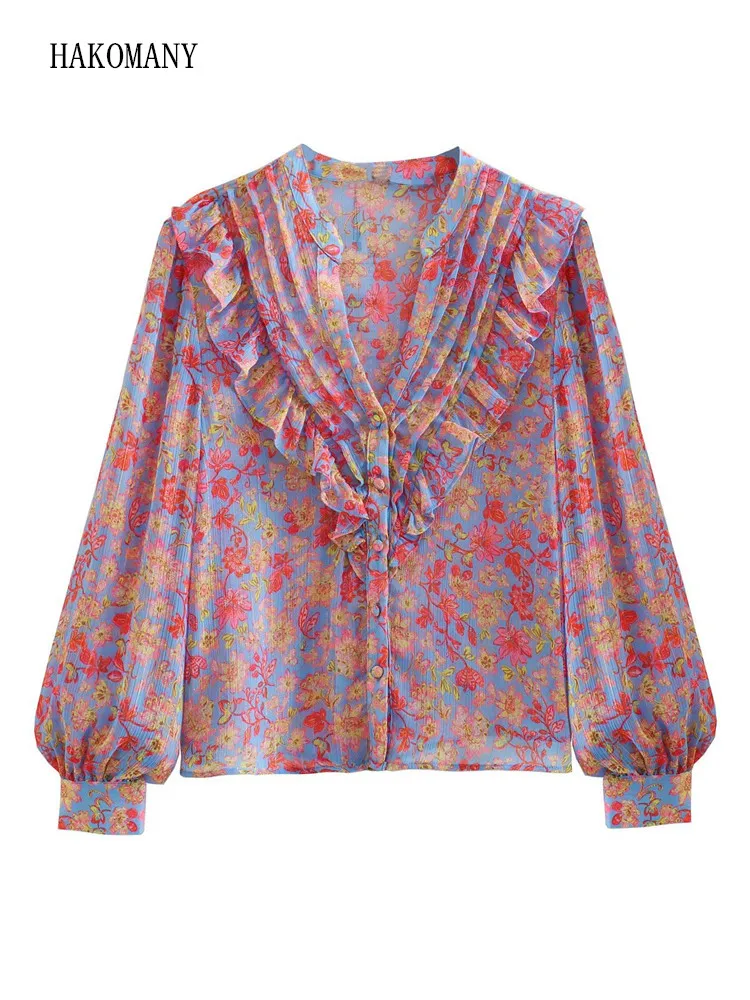 

2023 Women Blouse Loose Tops Spliced Wood ears V neck Flower Print Full Lantern Sleeve Chiffon Shirt Single-breasted Buttons