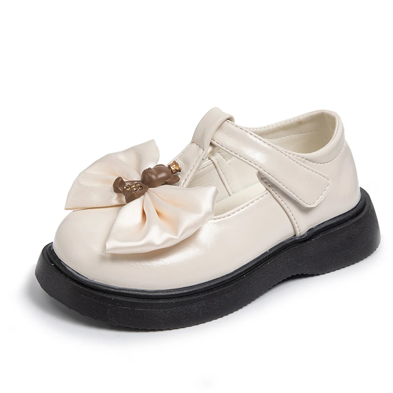 Enlarge Children Breathable Fashion Silk Bow Girls Beautiful Leather Shoes with Cute Bear Spring New Round-toe Shallow Kids 2022 Loafers