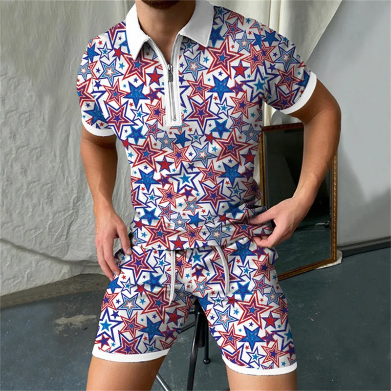 2023 New 3D Polo Shirt For Men Brand Tracksuit Summer Suit Trousers And Shirt Man Luxury T-shirt Fashion Stripe Printed Set