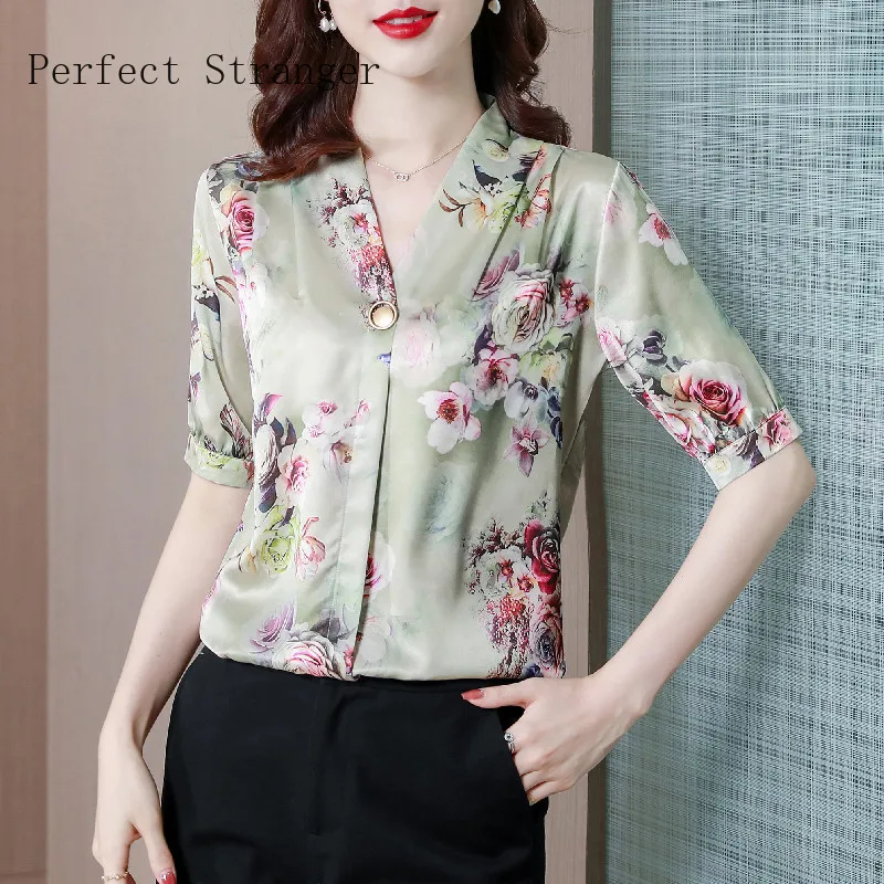 

Корейские модные шелковые женские блузки с цветочным принтом, атласные белые женские рубашки, женские блузы, элегантные женские топы
