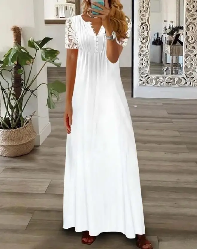 

Short Sleeved Lace Patch Maxi Dress 2023 New Hot Selling Fashion Women's Clothing