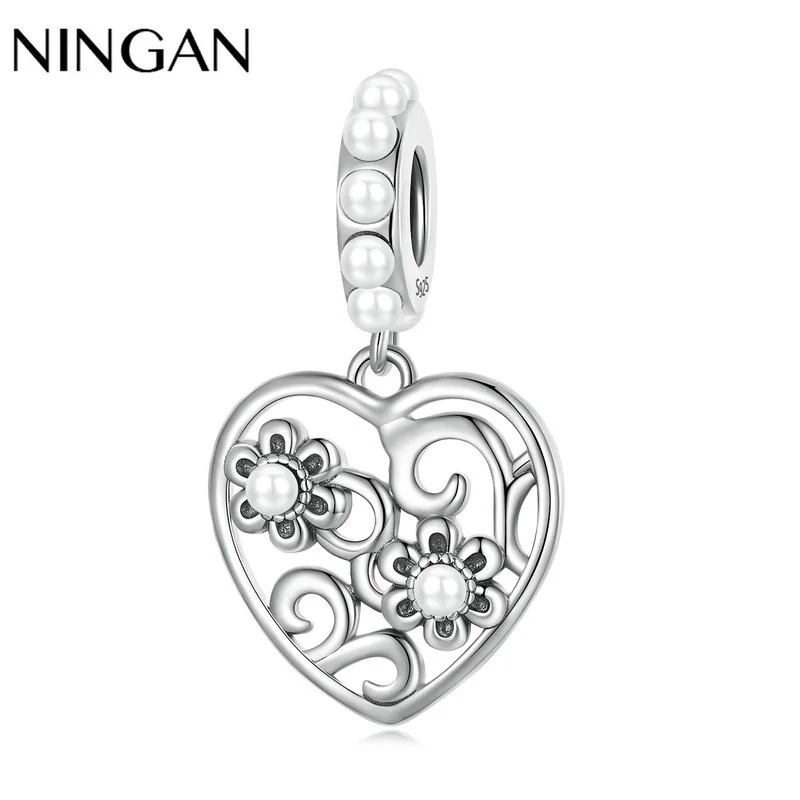 

NINGAN Heart Flower Pendant with Pearl Sterling Silver Necklace Pendant Jewelry Charm for Women Snake Bracelet