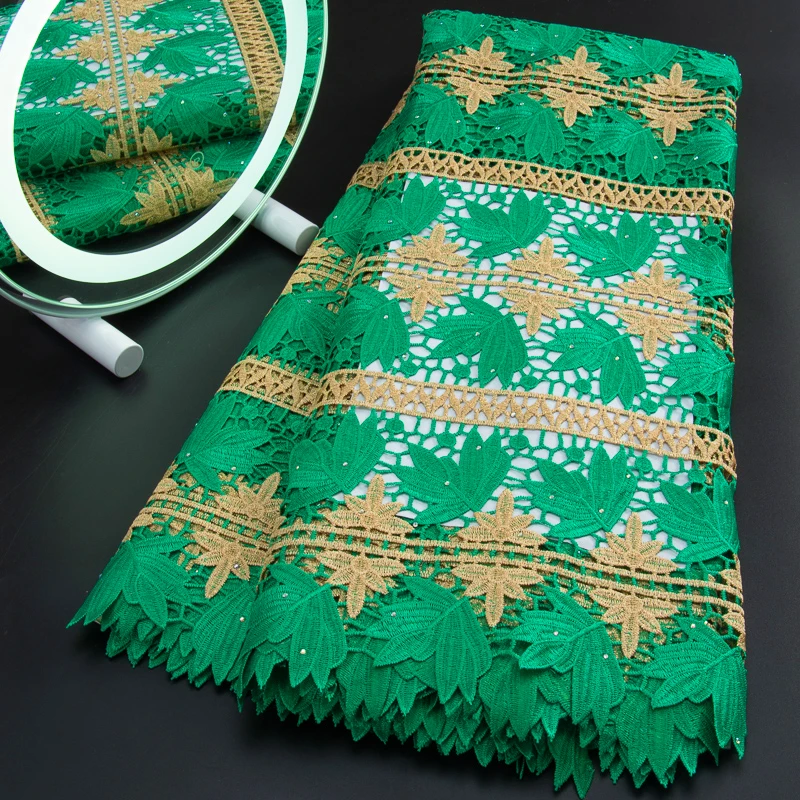 

Green Nigerian Cord Guipure Lace Fabric High Quality 5 Yards African Water Soluble Lace Fabric With Stones For Party Dress A3191