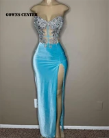 sky blue velvet prom dresses 2022 for black girls mermiad graduations dresses slit birthday party gowns beaded wedding gown