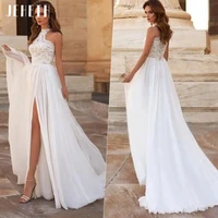 elegant halter wedding dress lace appliques top chiffon boho a line side split bridal gown 2022 sweep train vestido de noiva