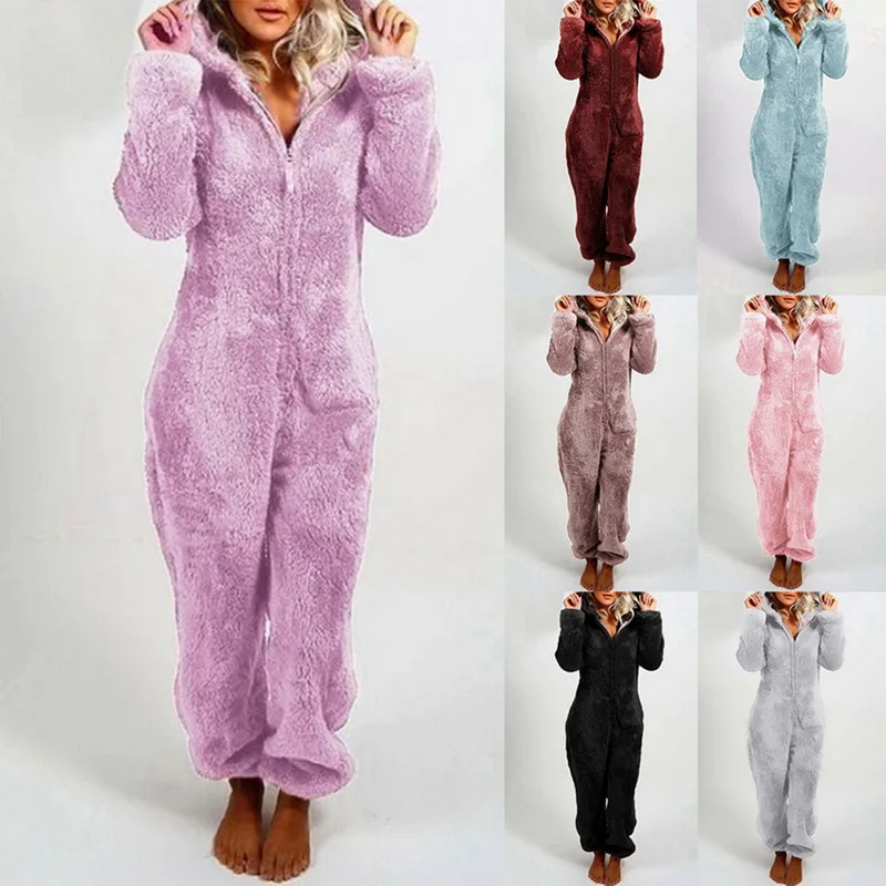 

Зимняя Пижама, женский комбинезон, однотонная женская Толстая теплая Пижама с капюшоном, фланелевая ночная рубашка, женская пижама