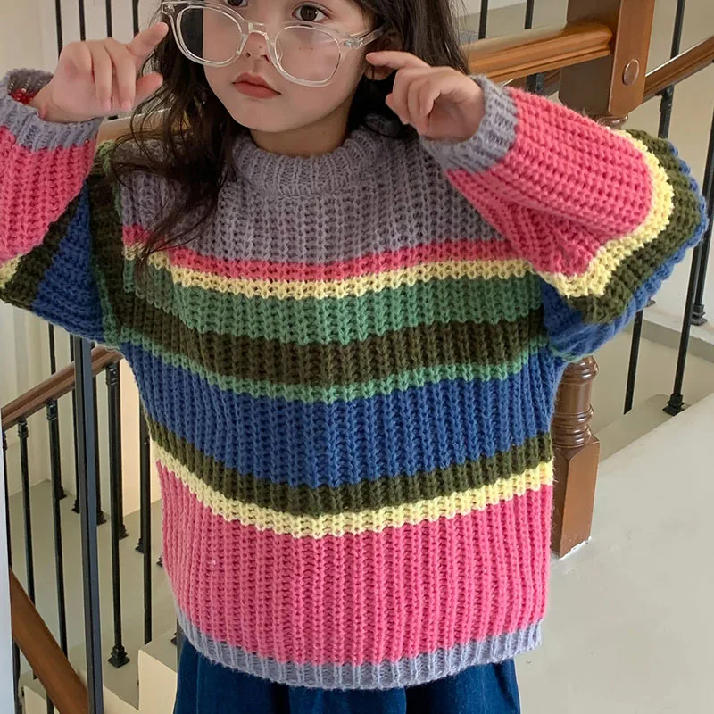 

Korean version of children's clothing 2023 autumn girls' colorful striped knitted top, sweater pullover, children's sweater 4-45
