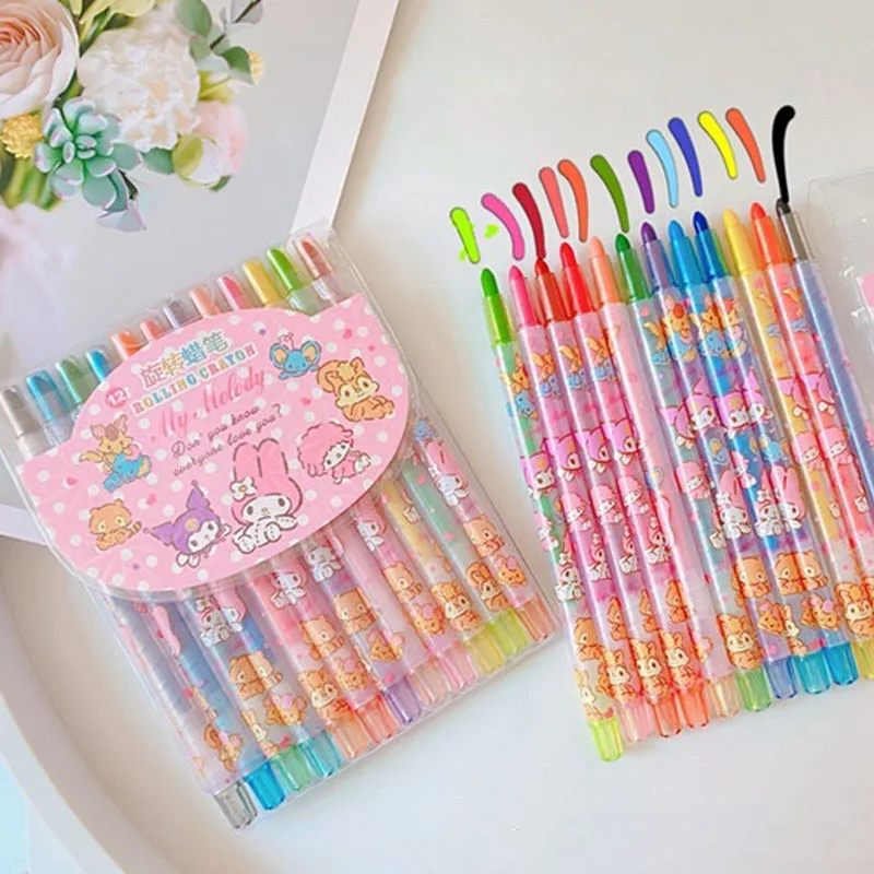 

Kawaii Kuromi My Melody Littletwinstars 12 шт. набор поворотных карандашей для студентов и детей аниме Sanrioed красочные граффити кисти