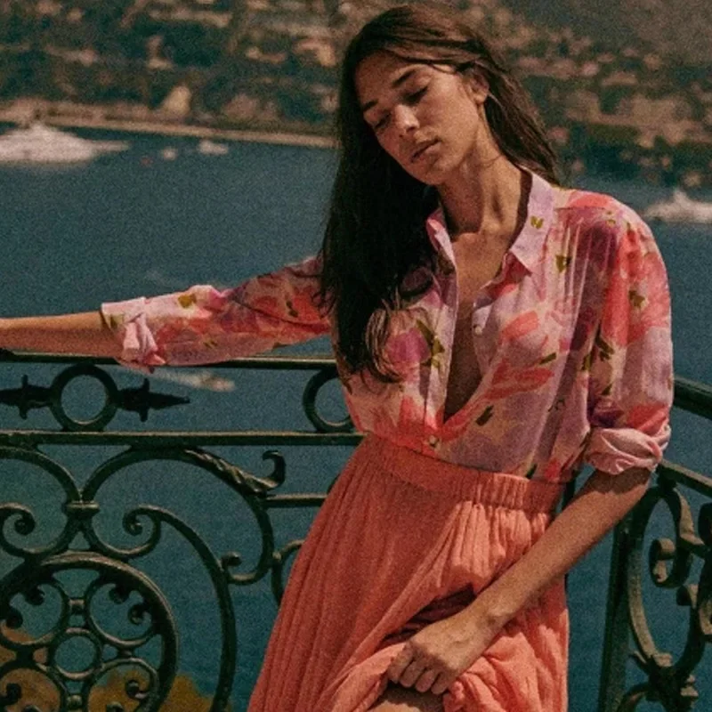 

Women Shirt 2022 Pre-Fall New Floral Print Sweet Pink Long Sleeve Blouses