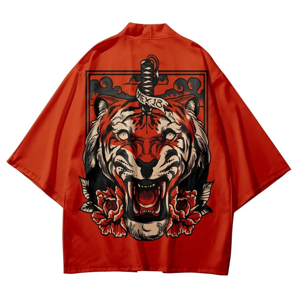 

Red Tiger Sword Print Shirts Coat Traditional Kimono Men Women Yukata Japanese Style Cardigan Cosplay Haori Clothing Plus Size