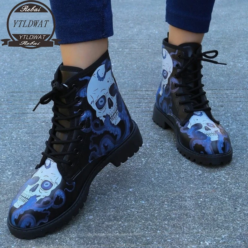 

2022 Skull Flower Print High-Top Boots Women Boot Autumn Winter Fashion Women Tooling Ankle Boots Women Botas Mujer 35-46 Size
