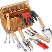 8 piece garden tool set with basket with stainless steel extra heavy duty garden hand tools kit with wood handle for men women