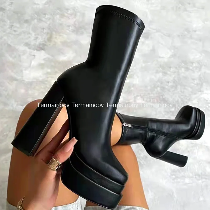 

Termainoov Women Boots New Platform Heeled Chunky Fashion Short Winter Boots Big Size 43 Warm Abkle Booties