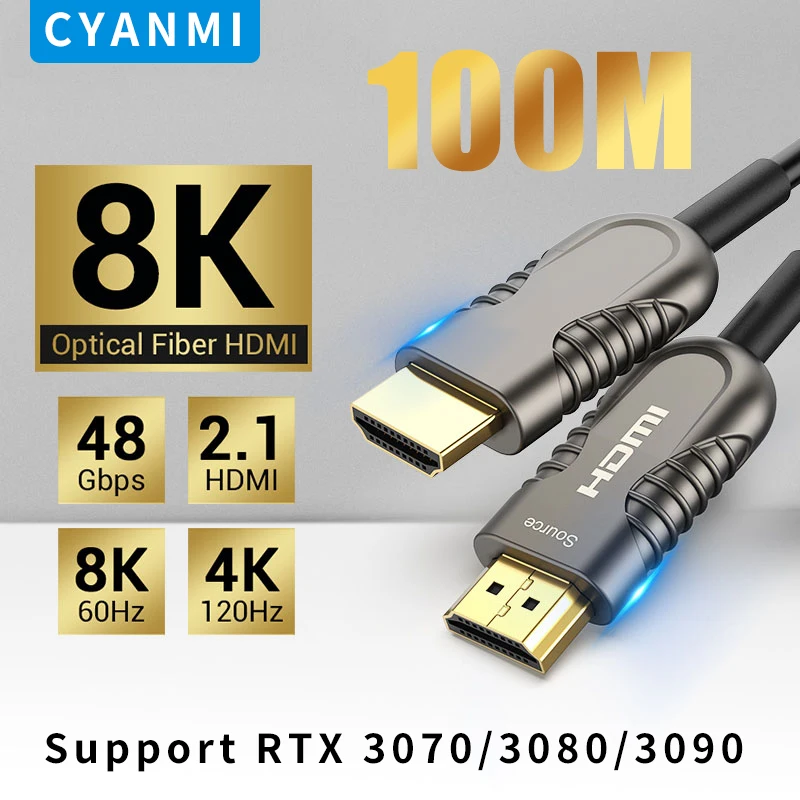 Оптоволоконный кабель CYANMI HDMI 2,1, 8K @ 60 Гц, 4K @ 120 Гц, 48 Гбит/с, HDR HDCP, 80 м, 100 м, для HD ТВ-приставки, проектора Ps5