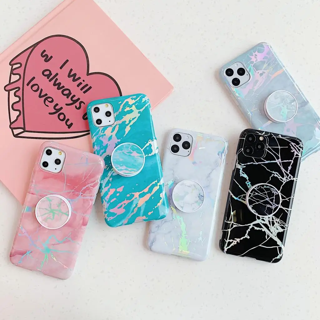 

Laser Marble Phone Case For iPhone XS Max XR 7Plus 8Plus 7G 8G SE2020 6Plus 6S TPU Silicone Shell With Bracket And Ring Buckle