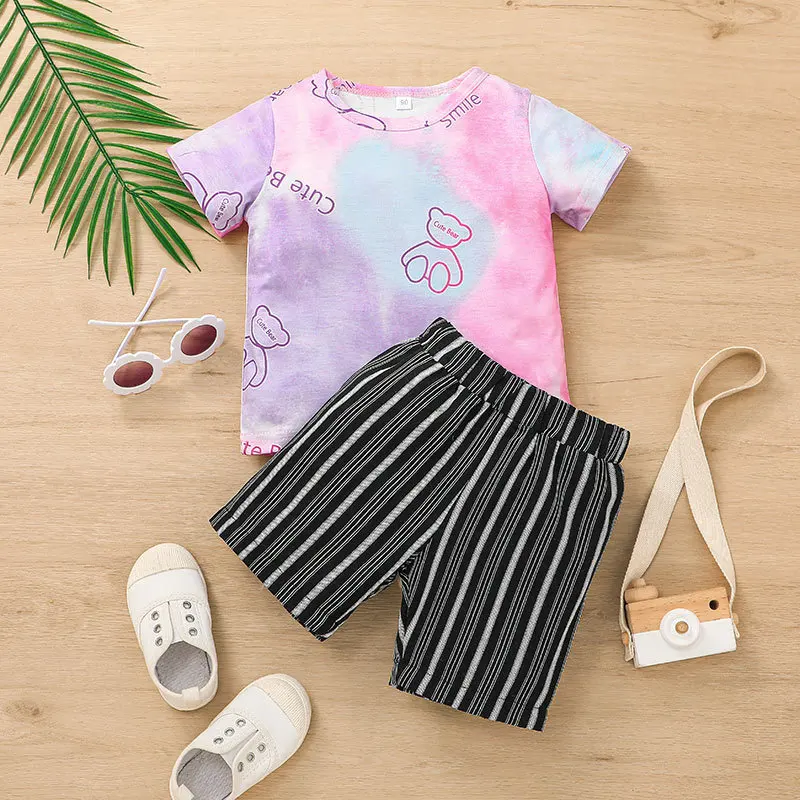 

Baby Boys Outfits Set Children Tie Dye Set Cute Bear Letter Print Tops Striped Elastic Shorts 2PCS Suit Toddler Casual Clothing
